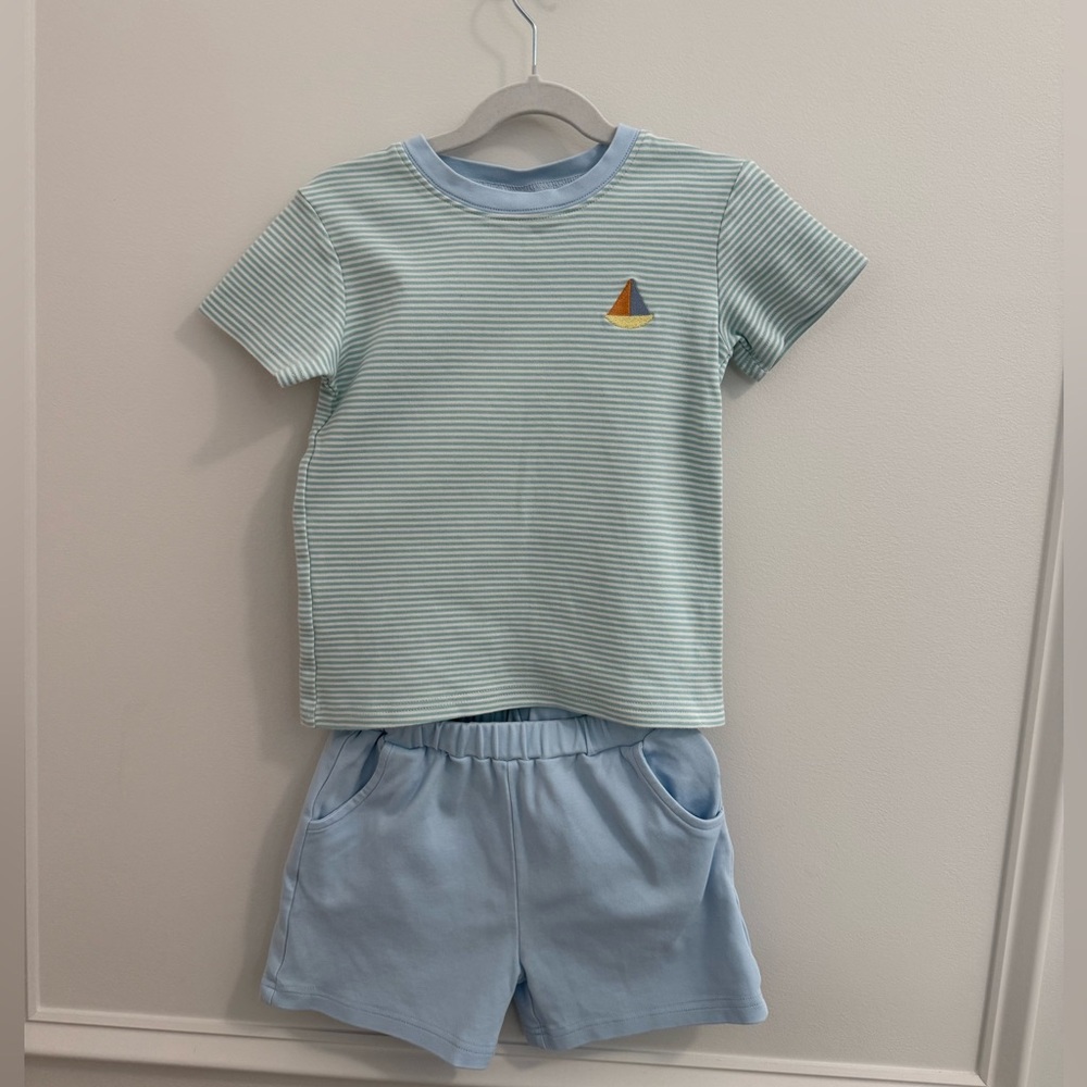 Boys Size 6 Light Blue Stripe Sailboat Tee & Shorts Matching Set 100%Pima Cotton